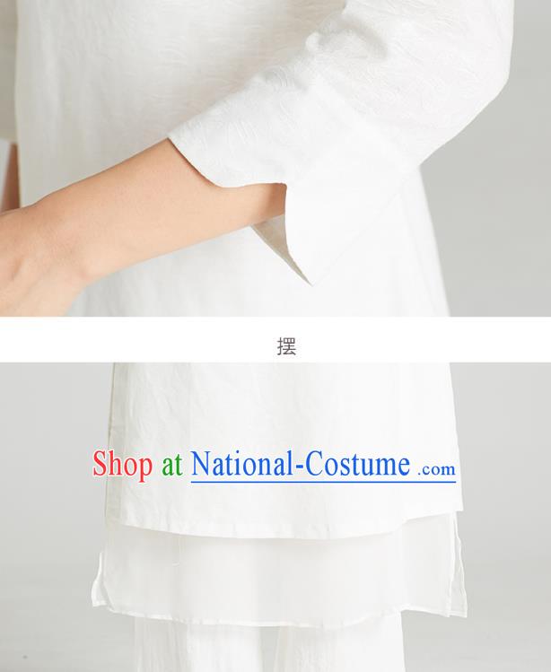 Professional Chinese Tang Suit White Long Blouse and Pants Costumes Kung Fu Garment Traditional Wudang Tai Chi Training Outfits for Women