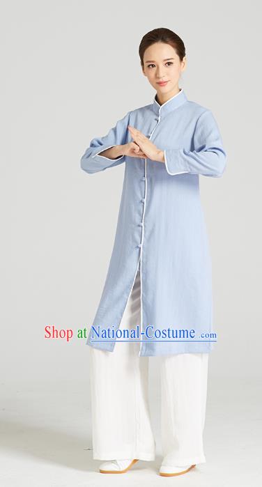 Professional Chinese Kung Fu Garment Wudang Tai Chi Training Outfits Traditional Blue Linen Blouse and Pants Costumes for Women