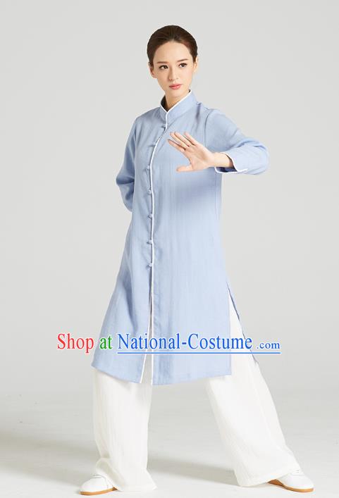 Professional Chinese Kung Fu Garment Wudang Tai Chi Training Outfits Traditional Blue Linen Blouse and Pants Costumes for Women