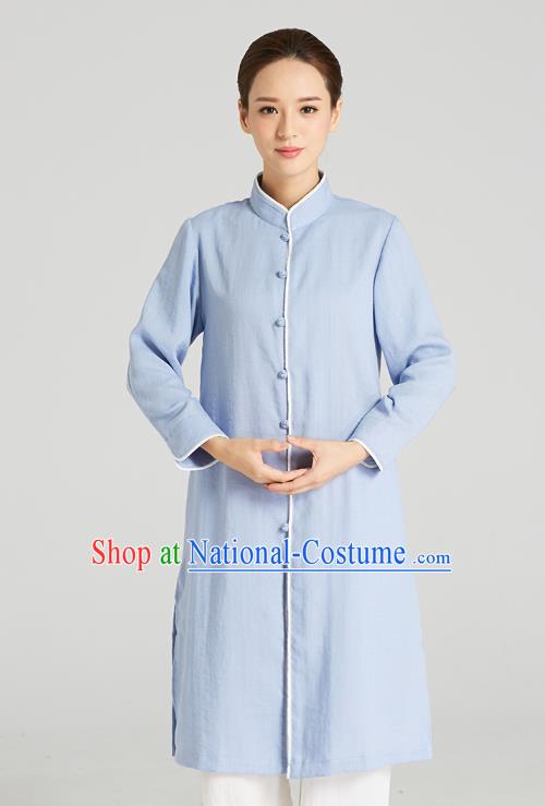 Professional Chinese Kung Fu Garment Wudang Tai Chi Training Outfits Traditional Blue Linen Blouse and Pants Costumes for Women