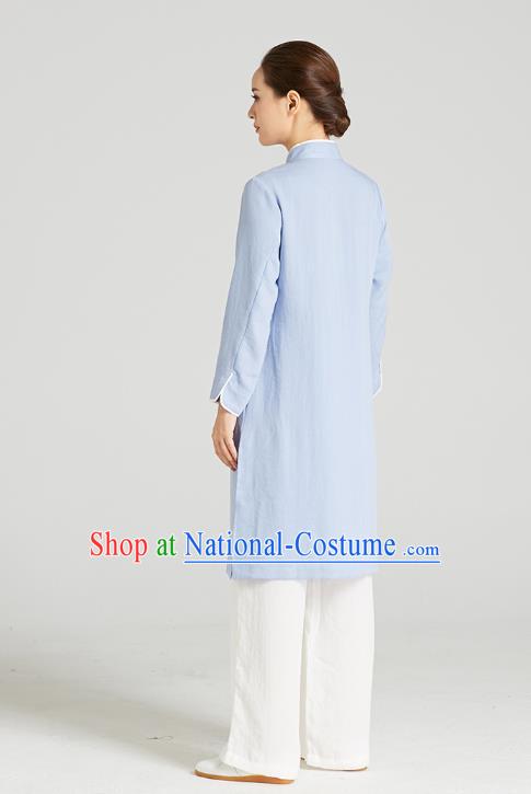 Professional Chinese Kung Fu Garment Wudang Tai Chi Training Outfits Traditional Blue Linen Blouse and Pants Costumes for Women