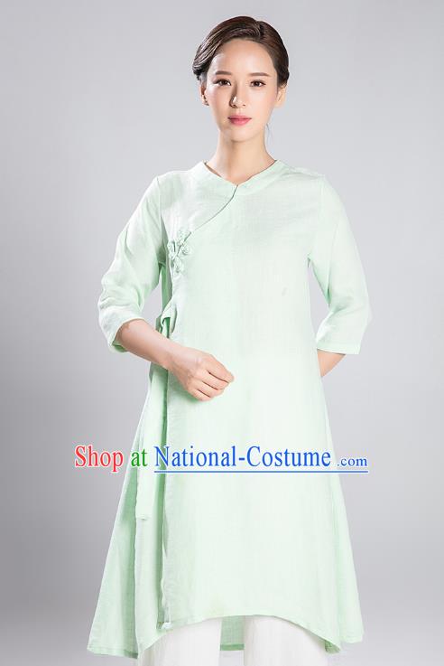 Professional Chinese Wudang Tai Chi Training Outfits Traditional Light Green Flax Blouse and Pants Costumes Kung Fu Garment for Women