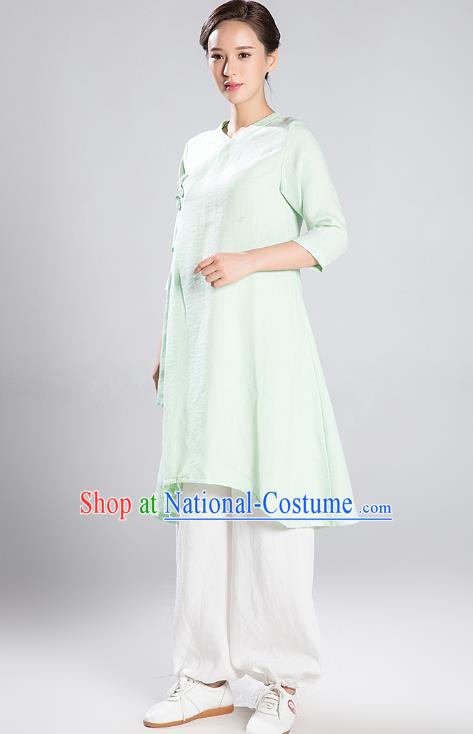 Professional Chinese Wudang Tai Chi Training Outfits Traditional Light Green Flax Blouse and Pants Costumes Kung Fu Garment for Women