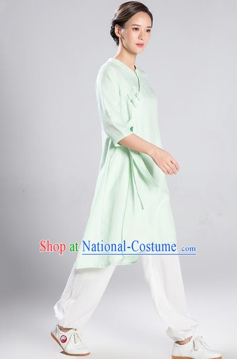 Professional Chinese Wudang Tai Chi Training Outfits Traditional Light Green Flax Blouse and Pants Costumes Kung Fu Garment for Women