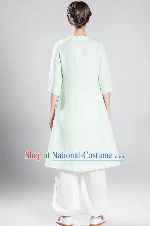 Professional Chinese Wudang Tai Chi Training Outfits Traditional Light Green Flax Blouse and Pants Costumes Kung Fu Garment for Women