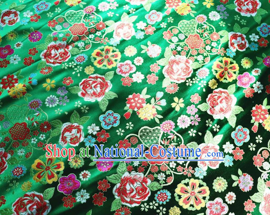 Japanese Traditional Rose Flowers Pattern Design Green Brocade Fabric Nishijin Silk Traditional Asian Yamato Kimono Tapestry Satin Material