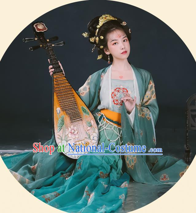 Chinese Ancient Tang Dynasty Hanfu Garment Imperial Concubine Embroidered Cloak Blouse Camisole and Green Skirt Costumes for Women