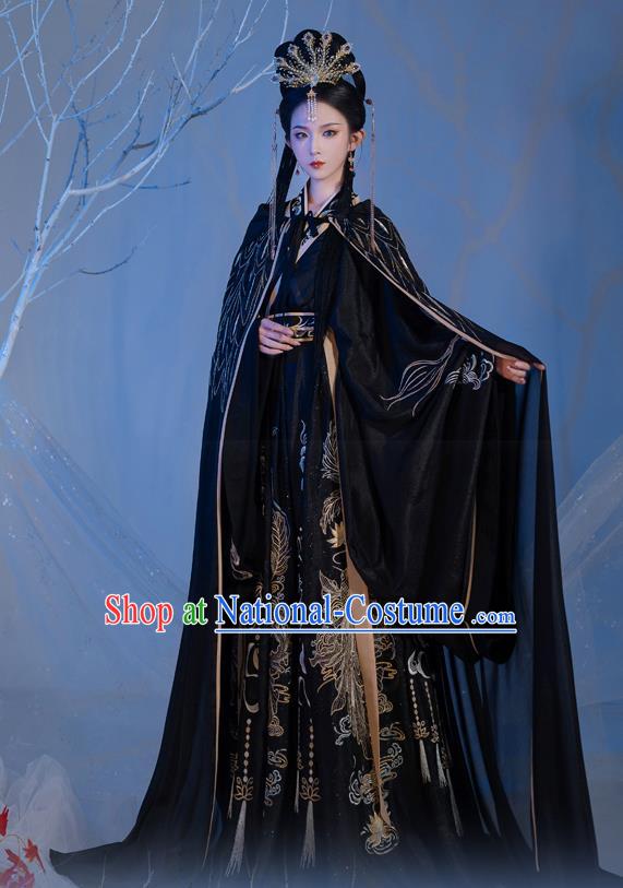 Chinese Ancient Goddess Black Costumes Jin Dynasty Palace Princess Hanfu Garment Embroidered Cape Blouse and Skirt Complete Set