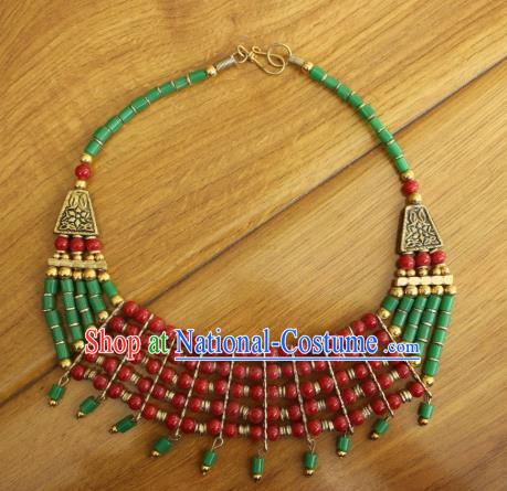 Chinese Traditional Tibetan Nationality Red and Green Beads Jewelry Accessories Decoration Zang Ethnic Handmade Silver Necklace Pendant for Women