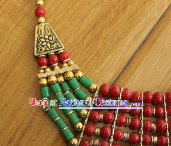 Chinese Traditional Tibetan Nationality Red and Green Beads Jewelry Accessories Decoration Zang Ethnic Handmade Silver Necklace Pendant for Women