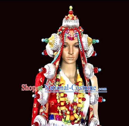 Chinese Traditional Tibetan Nationality Folk Dance Hair Accessories Decoration Handmade Zang Ethnic Bride Wedding Headwear for Women