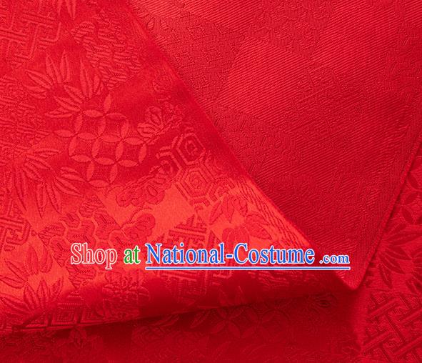 Japanese Traditional Bamboo Leaf Coppor Pattern Design Red Brocade Fabric Silk Material Traditional Asian Japan Kimono Dress Satin Tapestry