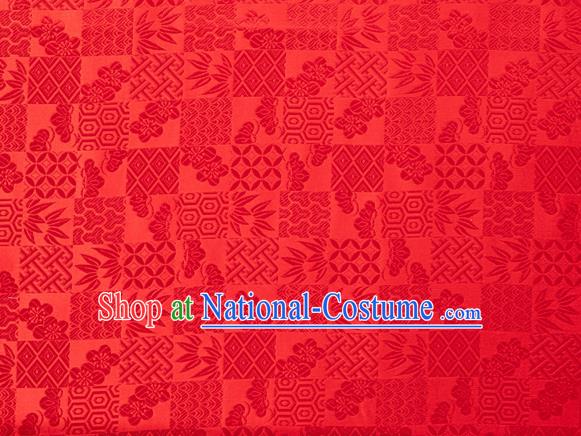 Japanese Traditional Bamboo Leaf Coppor Pattern Design Red Brocade Fabric Silk Material Traditional Asian Japan Kimono Dress Satin Tapestry