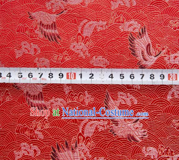 Japanese Traditional Cloud Crane Pattern Design Red Brocade Fabric Silk Material Traditional Asian Japan Kimono Dress Satin Tapestry