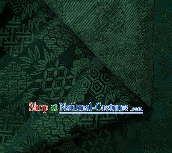 Japanese Traditional Bamboo Leaf Coppor Pattern Design Dark Green Brocade Fabric Silk Material Traditional Asian Japan Kimono Dress Satin Tapestry