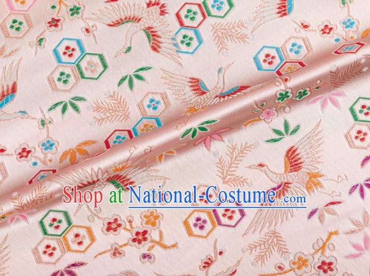 Japanese Traditional Crane Plum Pattern Design Pink Brocade Nishijin Fabric Silk Material Traditional Asian Japan Kimono Tapestry Satin