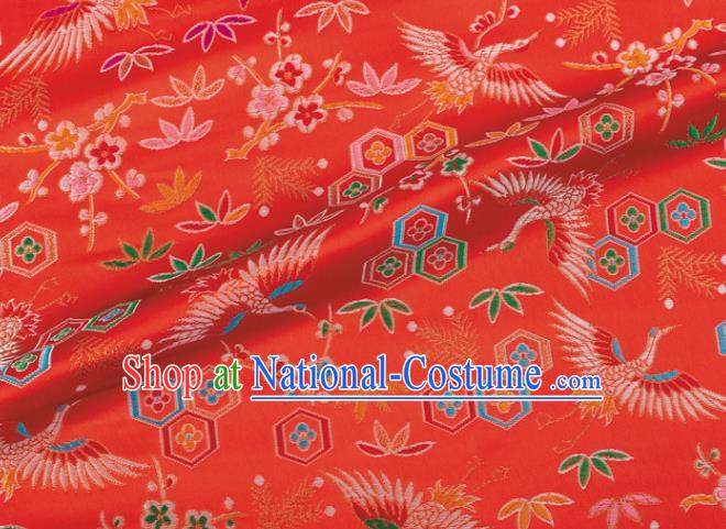 Japanese Traditional Crane Plum Pattern Design Red Brocade Nishijin Fabric Silk Material Traditional Asian Japan Kimono Tapestry Satin