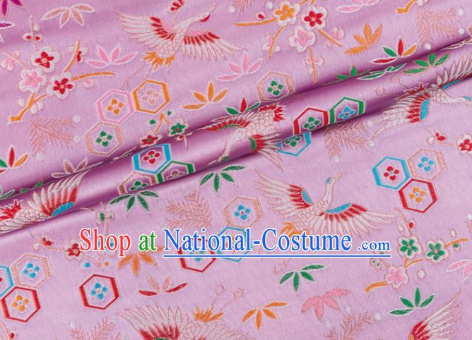 Japanese Traditional Crane Plum Pattern Design Lilac Brocade Nishijin Fabric Silk Material Traditional Asian Japan Kimono Tapestry Satin