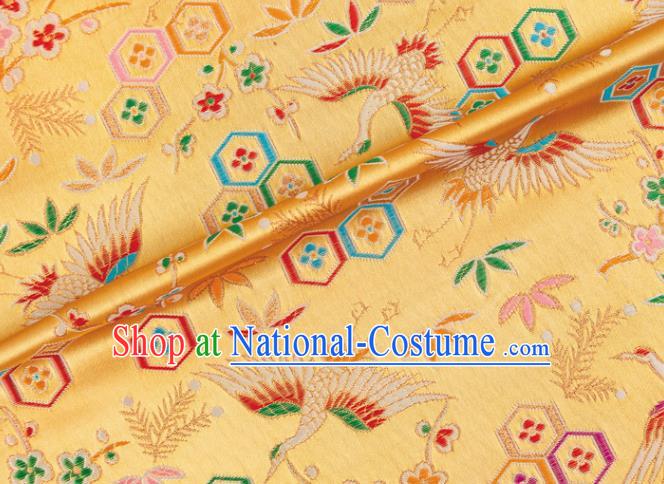 Japanese Traditional Crane Plum Pattern Design Yellow Brocade Nishijin Fabric Silk Material Traditional Asian Japan Kimono Tapestry Satin