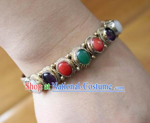 Chinese Traditional Tibetan Nationality Silver Bracelet Jewelry Accessories Decoration Handmade Zang Ethnic Colorful Gems Bangle for Women