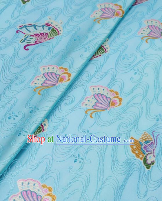 Asian Chinese Traditional Butterfly Pattern Design Light Blue Brocade Silk Fabric Tang Suit Tapestry Wedding Dress Material