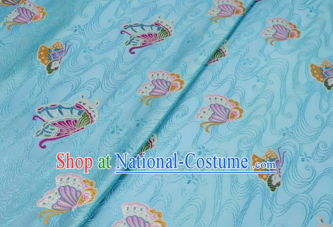 Asian Chinese Traditional Butterfly Pattern Design Light Blue Brocade Silk Fabric Tang Suit Tapestry Wedding Dress Material