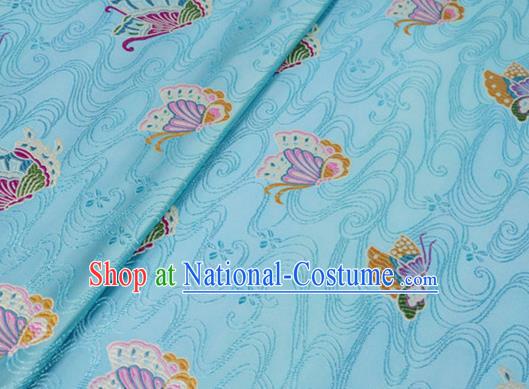 Asian Chinese Traditional Butterfly Pattern Design Light Blue Brocade Silk Fabric Tang Suit Tapestry Wedding Dress Material