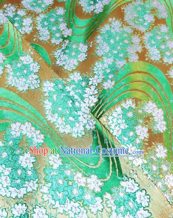 Japanese Traditional Sakura Pattern Design Green Nishijin Brocade Fabric Silk Material Traditional Asian Yamato Kimono Satin Tapestry