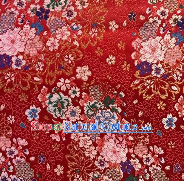 Japanese Traditional Sakura Peony Pattern Design Red Nishijin Brocade Fabric Silk Material Traditional Asian Japan Kimono Satin Tapestry