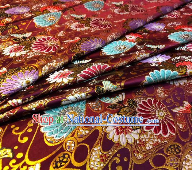 Japanese Traditional Daisy Pattern Design Amaranth Nishijin Brocade Fabric Silk Material Traditional Asian Japan Kimono Satin Tapestry