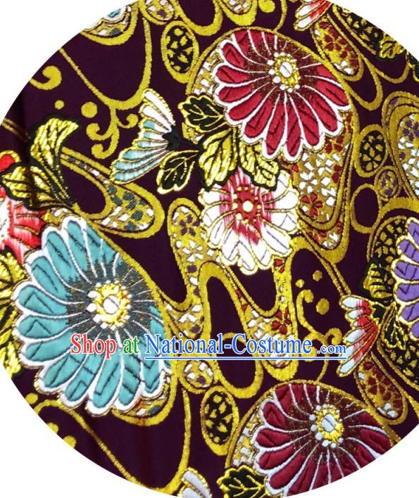 Japanese Traditional Daisy Pattern Design Amaranth Nishijin Brocade Fabric Silk Material Traditional Asian Japan Kimono Satin Tapestry