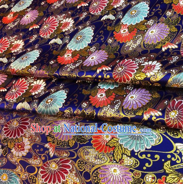 Japanese Traditional Daisy Pattern Design Royalblue Nishijin Brocade Fabric Silk Material Traditional Asian Japan Kimono Satin Tapestry