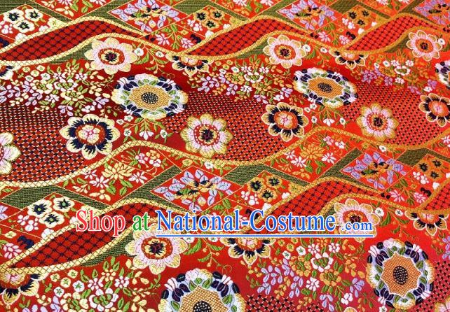 Japanese Traditional Flow Flowers Pattern Design Red Nishijin Brocade Fabric Silk Material Traditional Asian Japan Kimono Dress Satin Tapestry