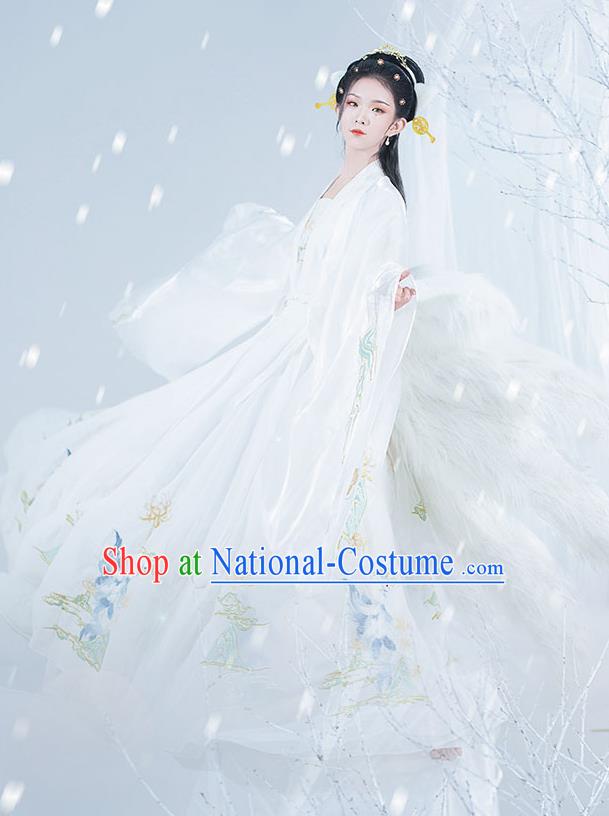 Chinese Ancient Noble Lady Hanfu Garment Costumes Tang Dynasty Royal Princess Cape Blouse Sun Top and Embroidered White Skirt Complete Set