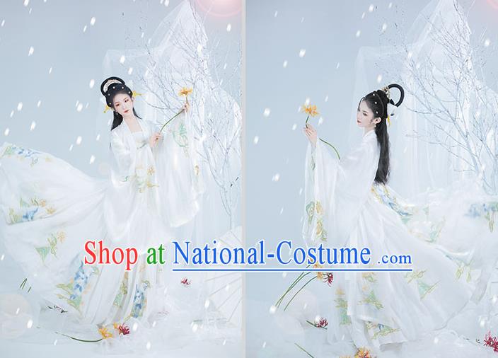 Chinese Ancient Noble Lady Hanfu Garment Costumes Tang Dynasty Royal Princess Cape Blouse Sun Top and Embroidered White Skirt Complete Set