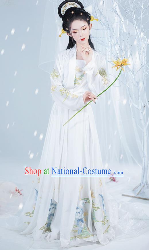 Chinese Ancient Noble Lady Hanfu Garment Costumes Tang Dynasty Royal Princess Cape Blouse Sun Top and Embroidered White Skirt Complete Set