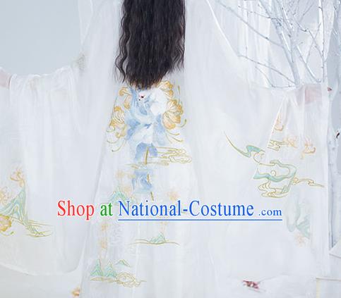 Chinese Ancient Noble Lady Hanfu Garment Costumes Tang Dynasty Royal Princess Cape Blouse Sun Top and Embroidered White Skirt Complete Set