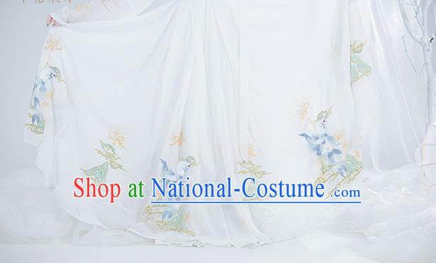 Chinese Ancient Noble Lady Hanfu Garment Costumes Tang Dynasty Royal Princess Cape Blouse Sun Top and Embroidered White Skirt Complete Set