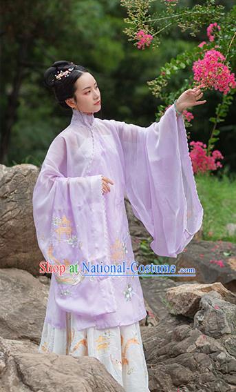 Chinese Ancient Noble Female Hanfu Garment Costumes Ming Dynasty Rich Lady Embroidered Lilac Blouse Sun Top and Skirt Complete Set