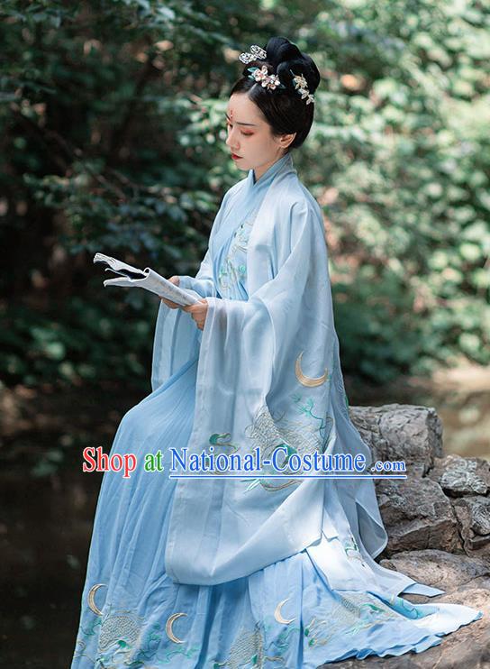 Chinese Ancient Jin Dynasty Noble Woman Embroidered Blue Cape Blouse and Skirt Hanfu Garment Costumes Complete Set