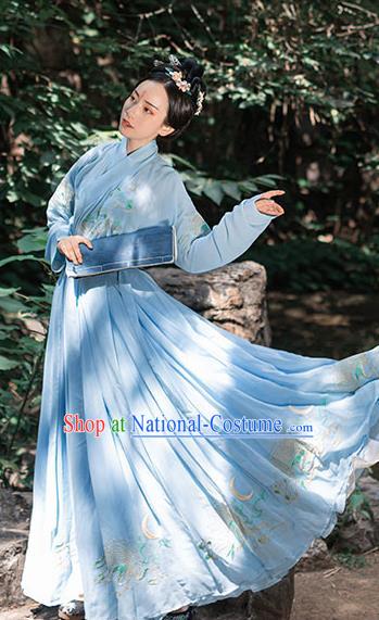 Chinese Ancient Jin Dynasty Noble Woman Embroidered Blue Cape Blouse and Skirt Hanfu Garment Costumes Complete Set