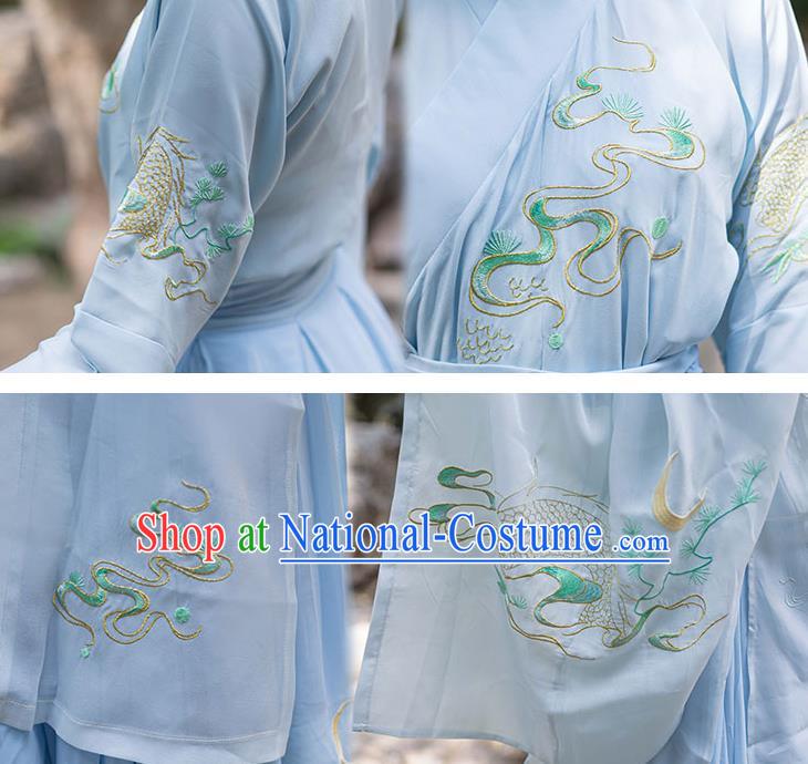 Chinese Ancient Jin Dynasty Noble Woman Embroidered Blue Cape Blouse and Skirt Hanfu Garment Costumes Complete Set