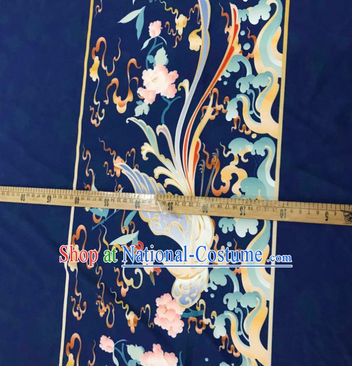 Chinese Hanfu Dress Traditional Phoenix Peony Pattern Design Navy Satin Fabric Silk Material Traditional Asian Tapestry