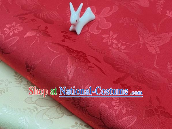 Chinese Hanfu Dress Traditional Butterfly Dragonfly Pattern Design Red Satin Fabric Silk Material Traditional Asian Cloth Tapestry