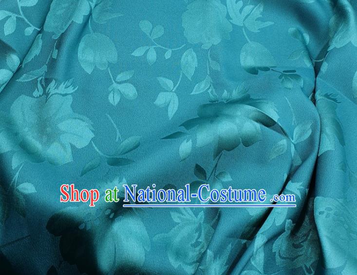 Chinese Traditional Camellia Pattern Design Lake Blue Satin Fabric Silk Material Traditional Asian Hanfu Dress Cloth Tapestry