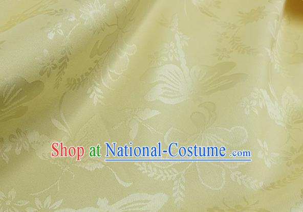 Chinese Hanfu Dress Traditional Butterfly Dragonfly Pattern Design Light Yellow Satin Fabric Silk Material Traditional Asian Cloth Tapestry