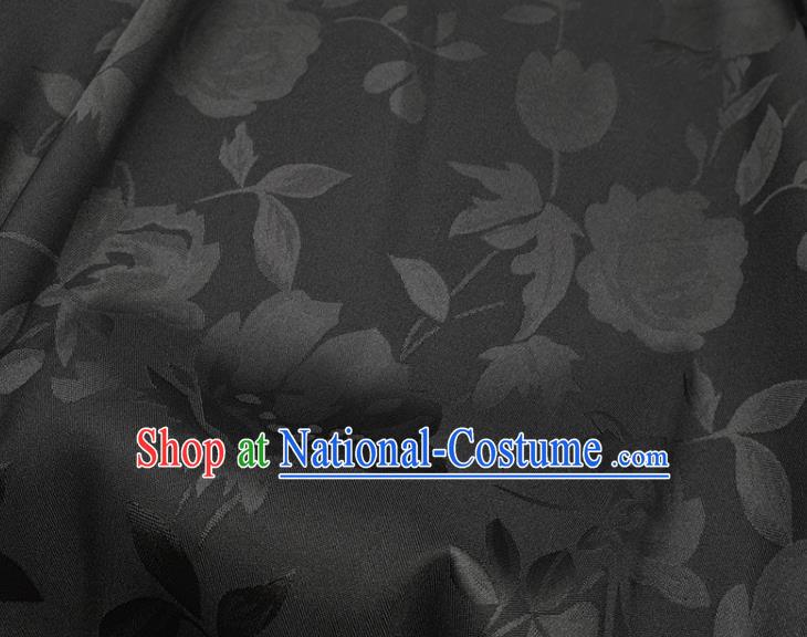 Chinese Traditional Camellia Pattern Design Black Satin Fabric Silk Material Traditional Asian Hanfu Dress Cloth Tapestry