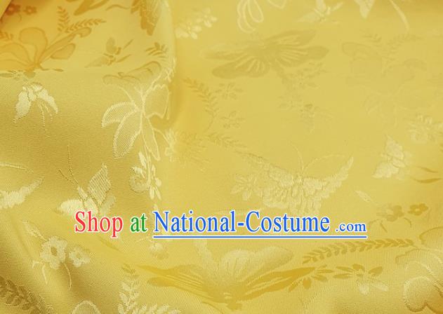 Chinese Hanfu Dress Traditional Butterfly Dragonfly Pattern Design Yellow Satin Fabric Silk Material Traditional Asian Cloth Tapestry