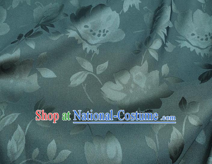 Chinese Traditional Camellia Pattern Design Dark Green Satin Fabric Silk Material Traditional Asian Hanfu Dress Cloth Tapestry