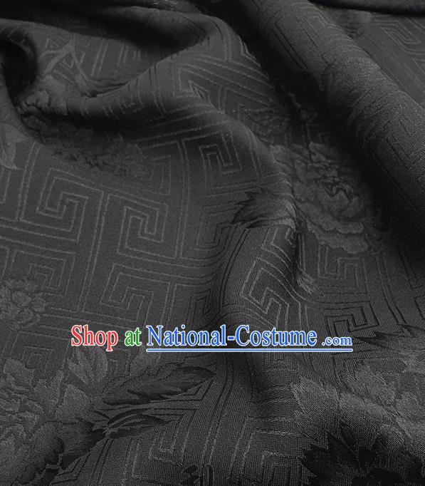 Chinese Traditional Peony Pattern Design Black Satin Fabric Traditional Asian Hanfu Dress Cloth Tapestry Silk Material